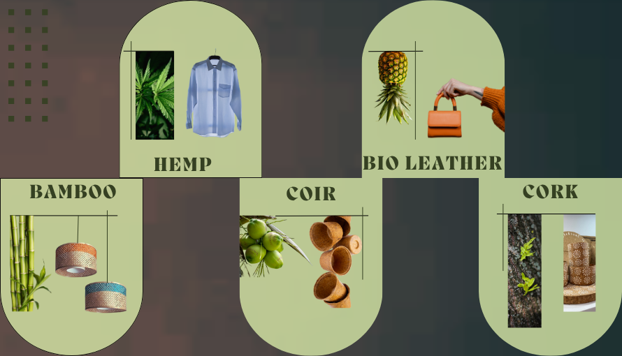 05 Sustainable Materials: Eco-Friendly Alternatives for Consumer & Building Innovation | Terranore Sustainable materials including bamboo, hemp, coir, cork, and bio-based leather alternatives shown with eco-friendly applications such as bamboo lighting, hemp clothing, coconut coir fibers, cork insulation, and plant-based leather bags.