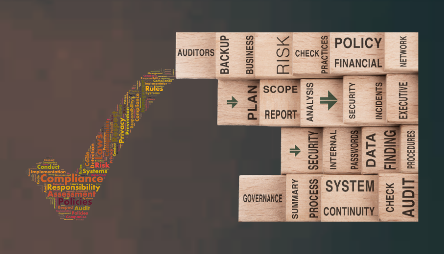 Social compliance and ethical supply chain visual showing audit process, governance, policy, risk, data security, and compliance responsibilities using stacked blocks