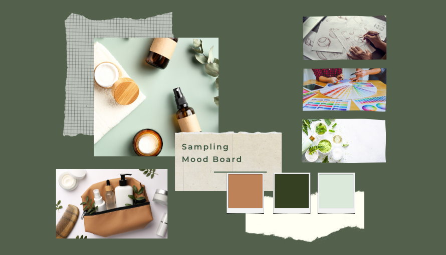 Product sampling mood board featuring cosmetic packaging mockups, material swatches, color palettes, and design sketches used in product development strategy.