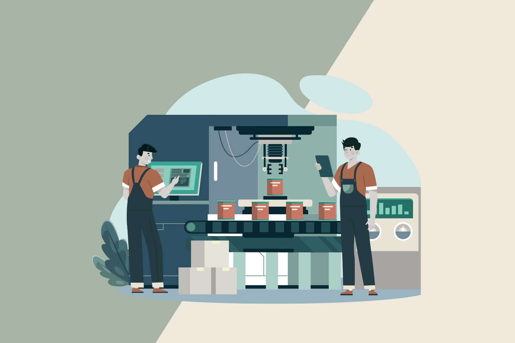 Factory audits, Visits & Tours | Terranore Illustration of workers inspecting a production line, representing Terranore’s factory audits and supplier visits to ensure compliance, safety, and quality.