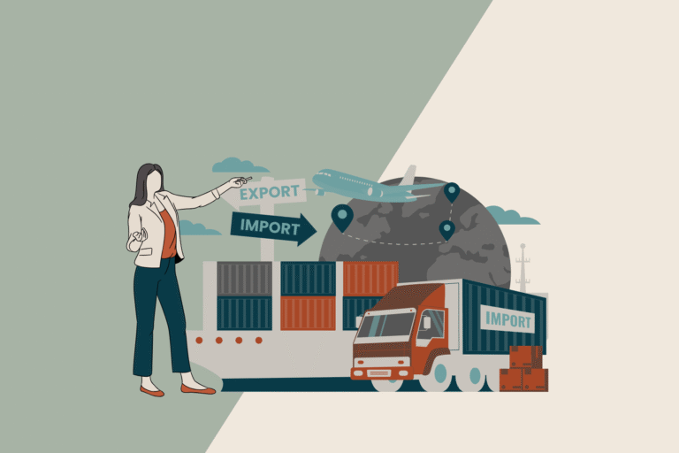 Services | Terranore Illustration of global shipping with containers, truck, and airplane, representing Terranore’s freight and logistics coordination services for import and export.