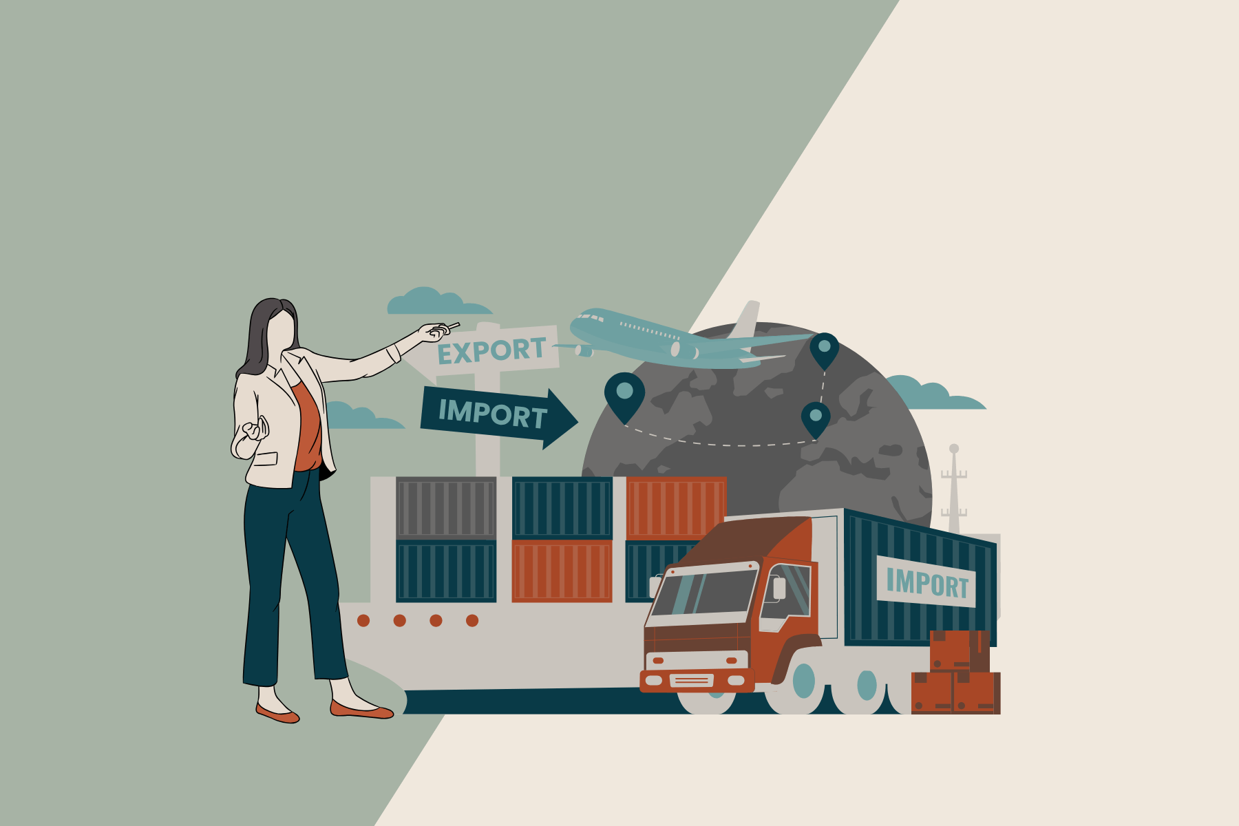 Freight & Logistics Coordination | Terranore Illustration of global shipping with containers, truck, and airplane, representing Terranore’s freight and logistics coordination services for import and export.