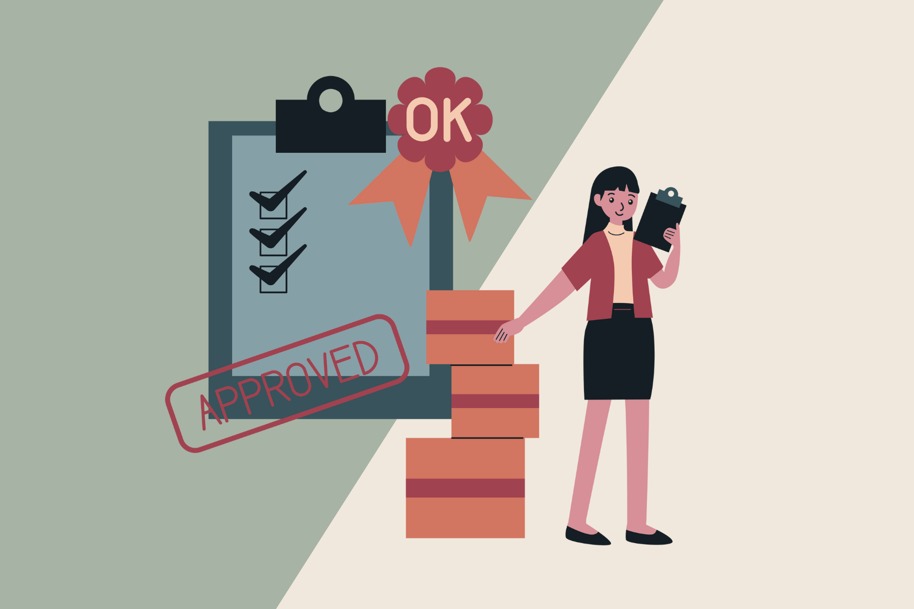 Quality Check/ Inspections | Terranore Illustration of a quality inspector approving packaged goods, representing Terranore’s quality check and inspection services to ensure defect-free delivery.