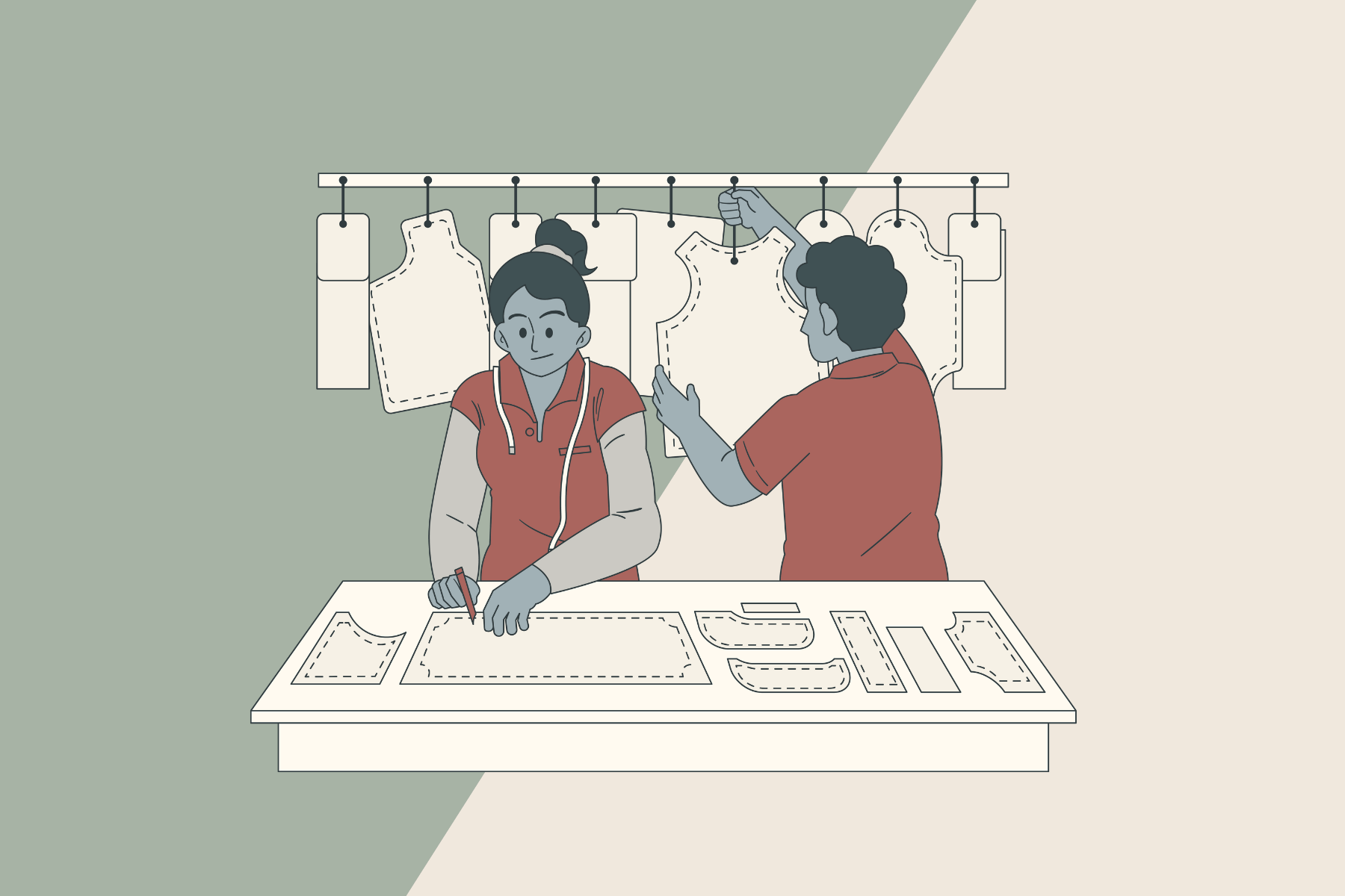 Product Development & Sampling | Terranore Illustration of designers working on product prototypes and packaging design, showcasing Terranore’s product development and sampling services.
