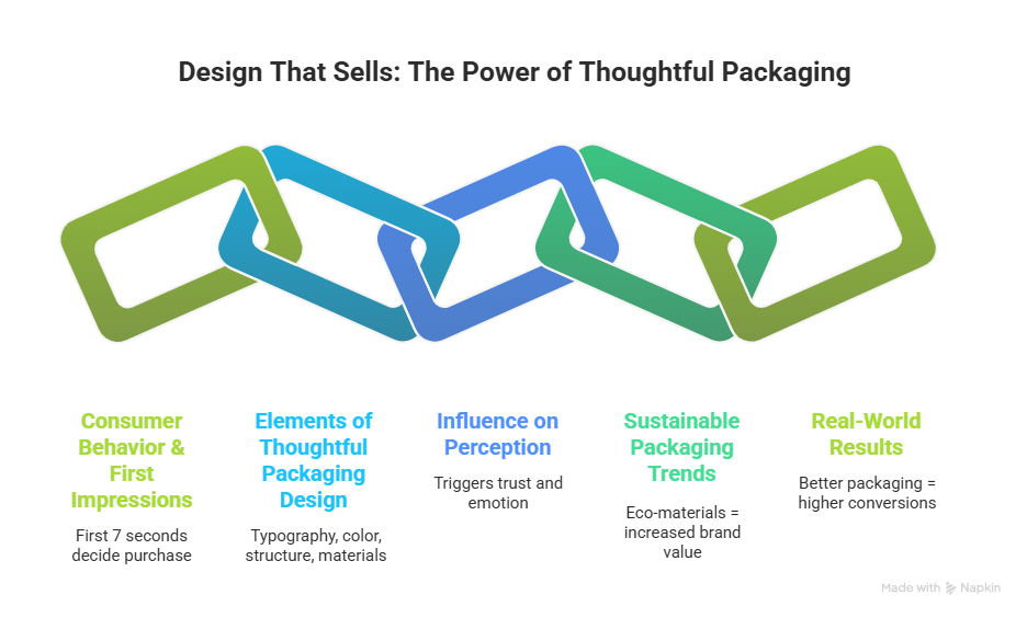 Design That Sells: The Impact of Thoughtful Packaging on First Impressions | Terranore Infographic showing how thoughtful packaging design influences consumer behavior, creates strong first impressions in marketing, and drives product sales through sustainable packaging strategies.